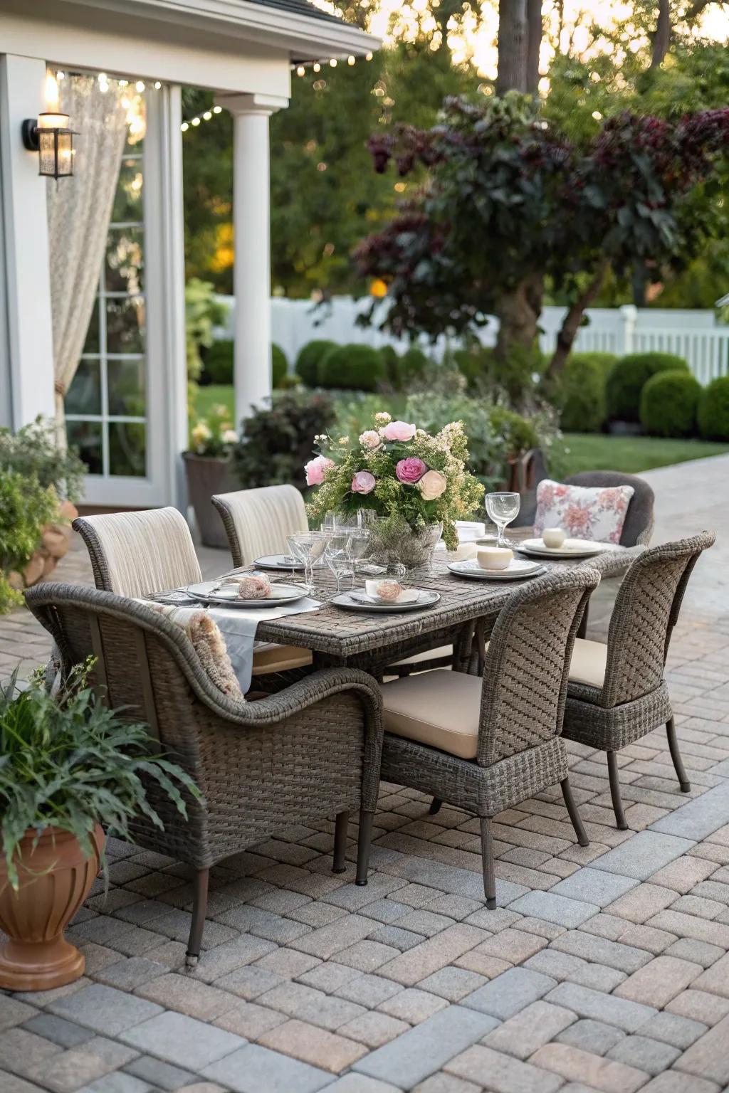 A dedicated dining space on the patio is perfect for open-air meals.