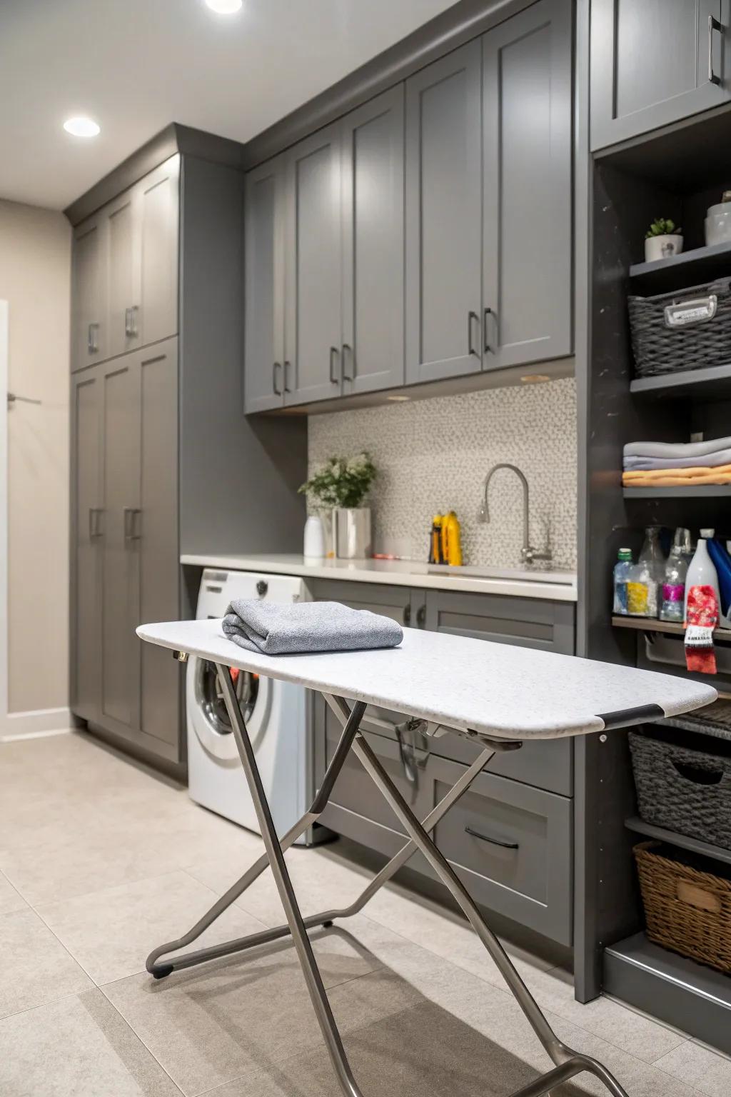 An integrated folding table blends with cabinetry for a clean look.
