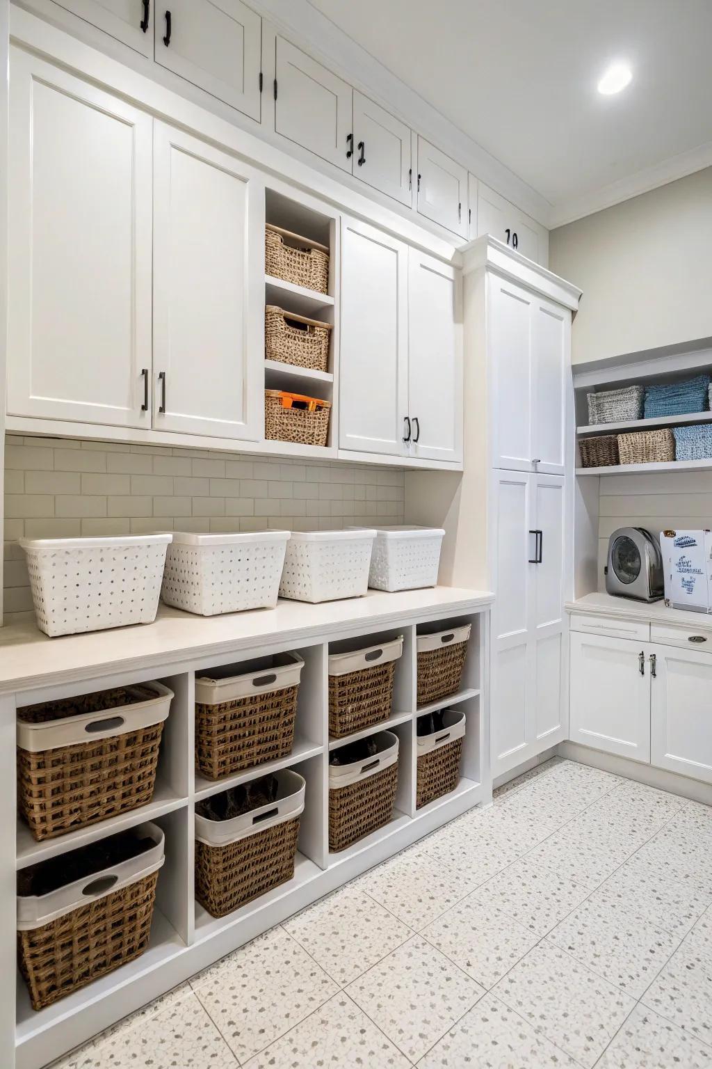 Your laundry area is kept tidy and arranged with built-in hampers.