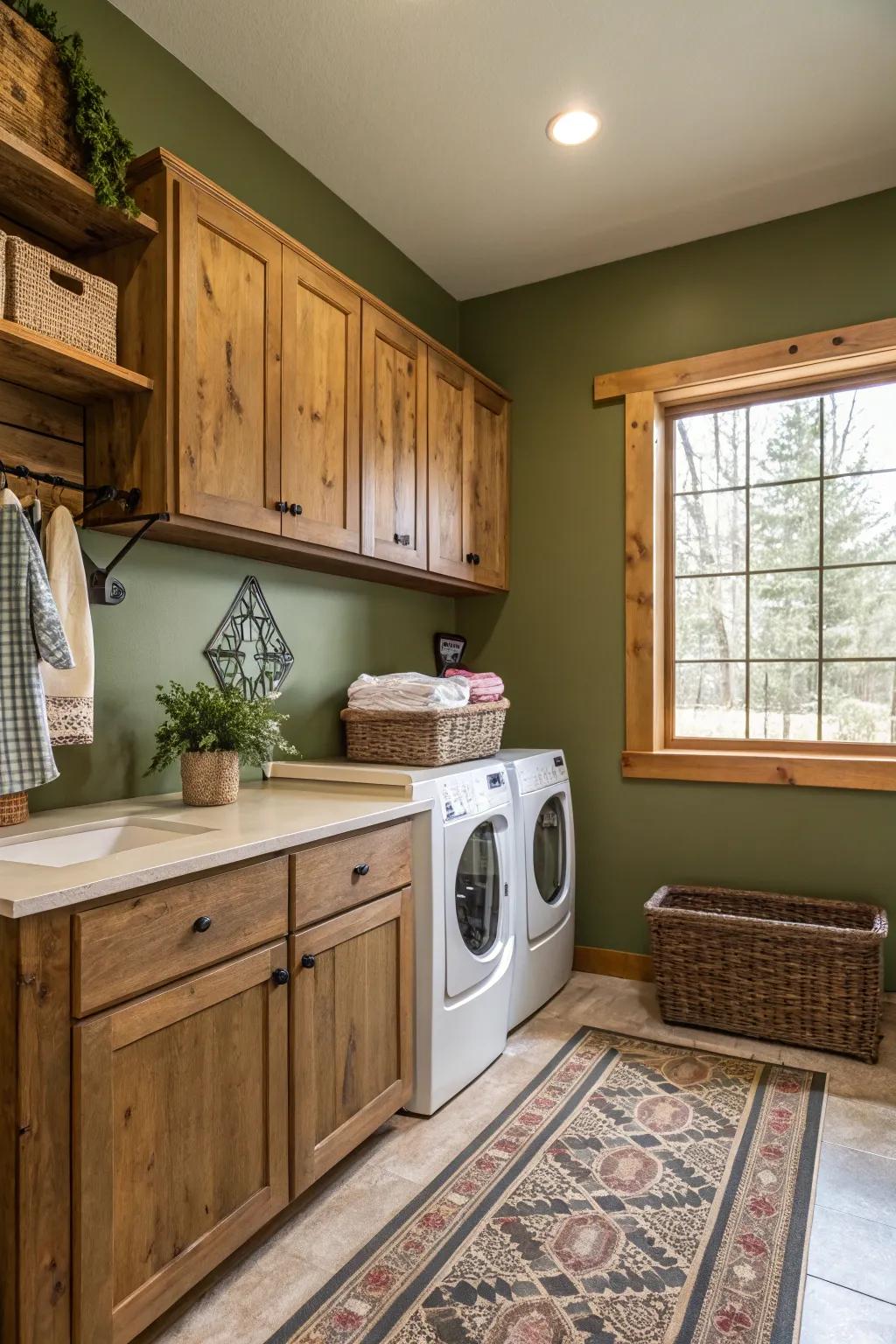 Olive green adds earthly elegance to your laundry space.