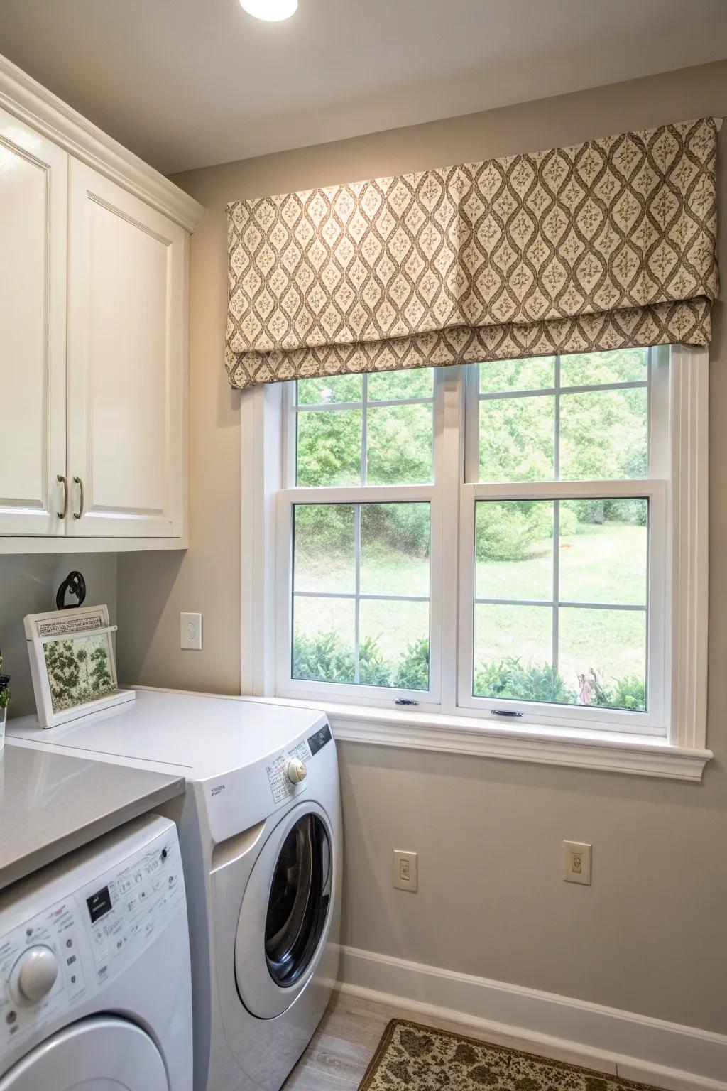 Top treatments infuse a touch of sophistication to laundry room windows.