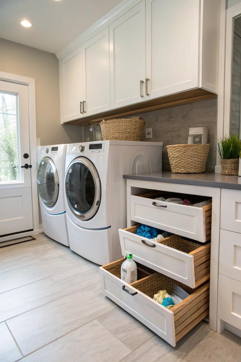 Concealed storage maintains a neatly arranged arrangement of washing necessities.