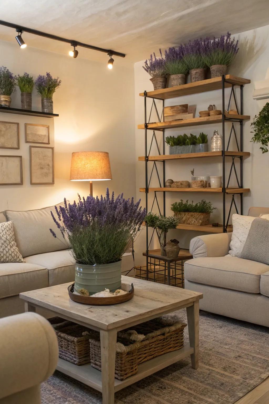 A peaceful family room accentuated by lavender elements.
