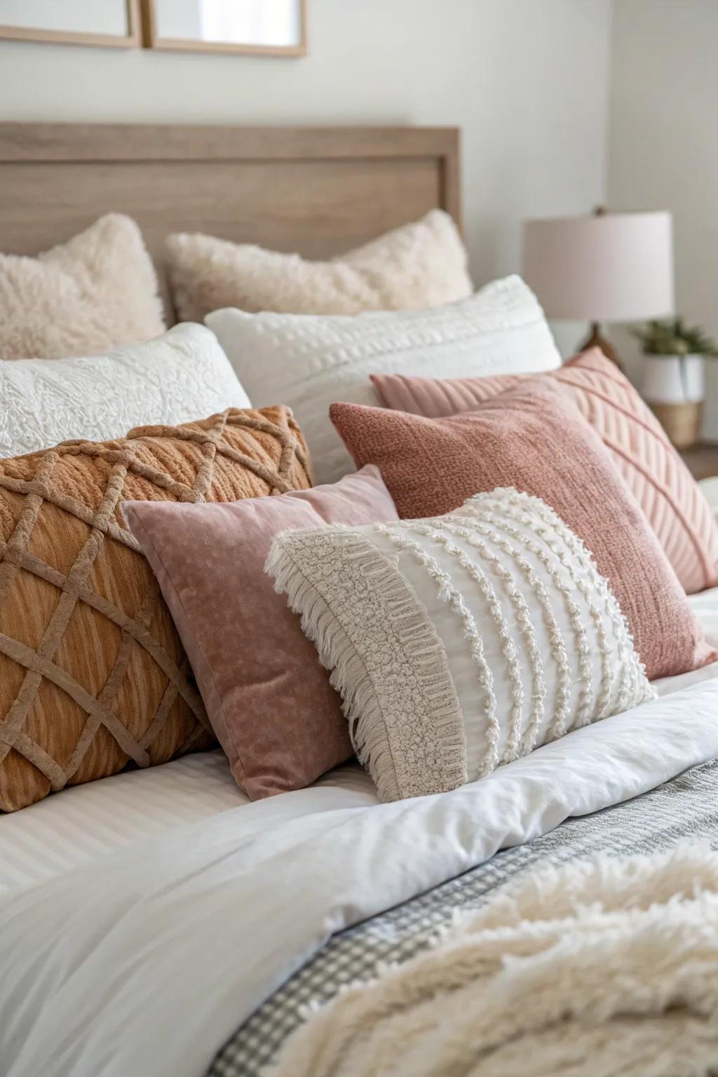 A range of cushions adding texture and style to the layered bedding.