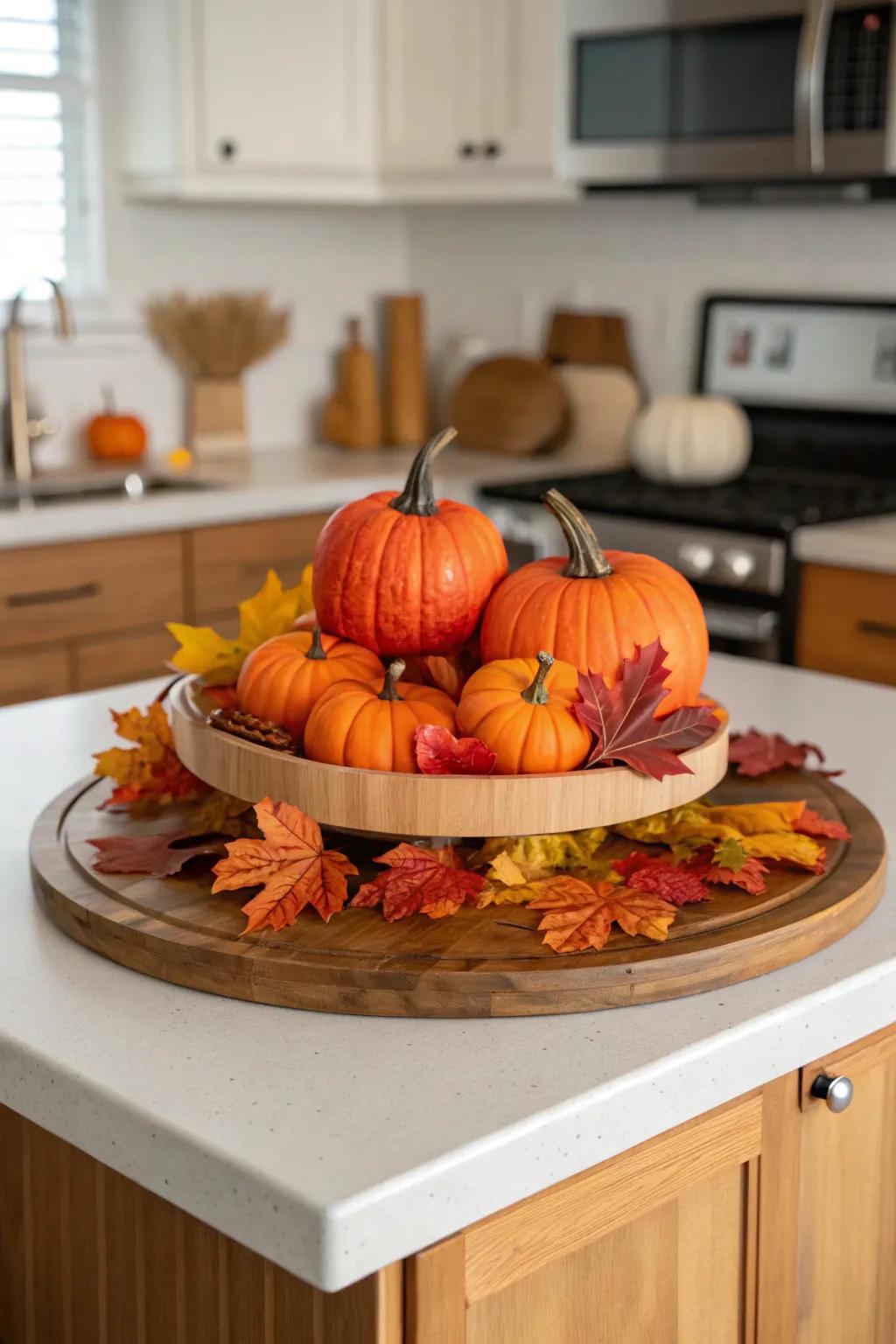 A lazy Susan adorned with captivating autumn-themed ornamentation.