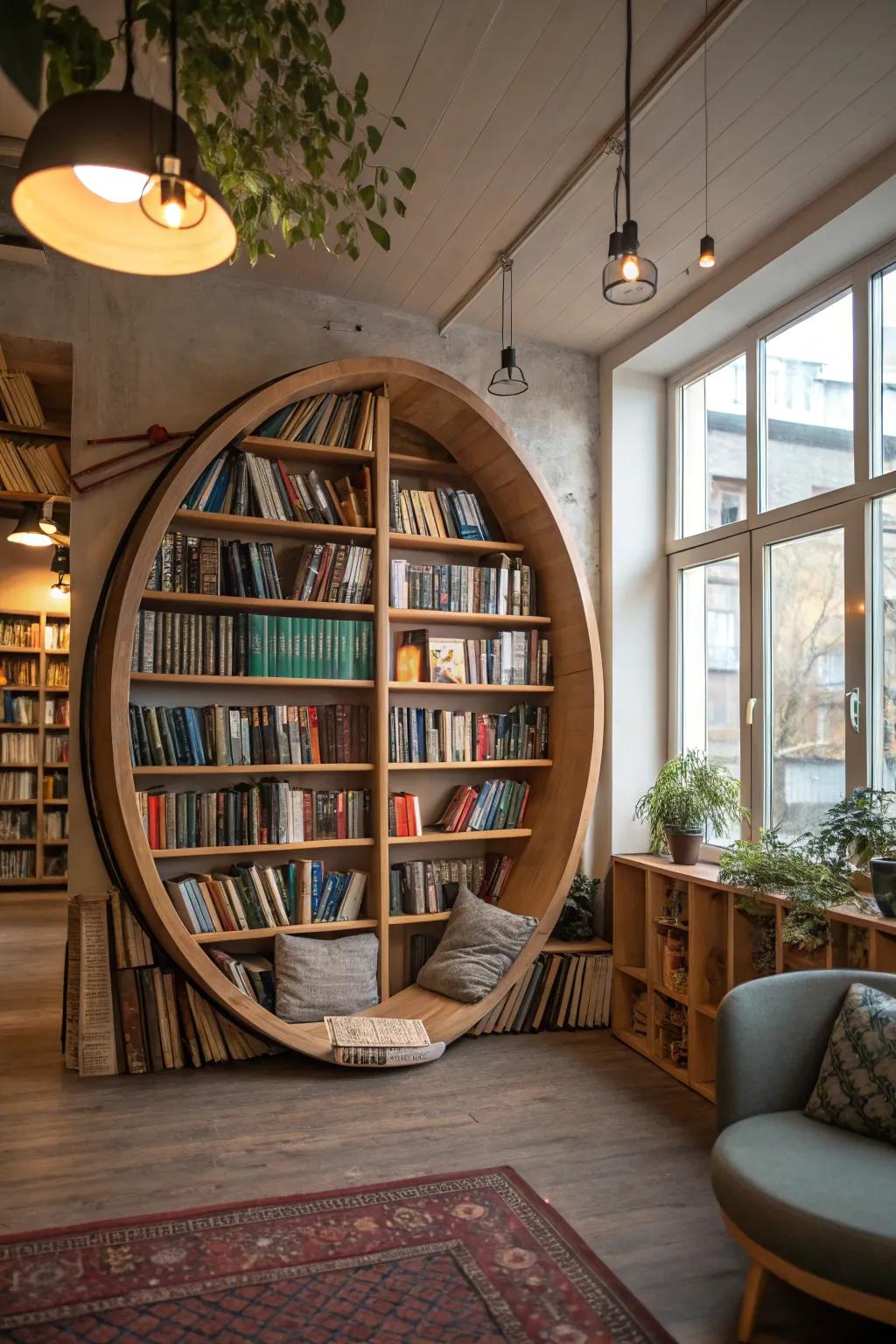 A unique round bookcase that introduces an innovative touch to library design.