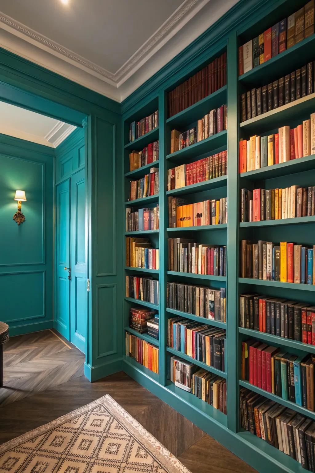 A vibrant library with a bold color scheme that showcases your collection.