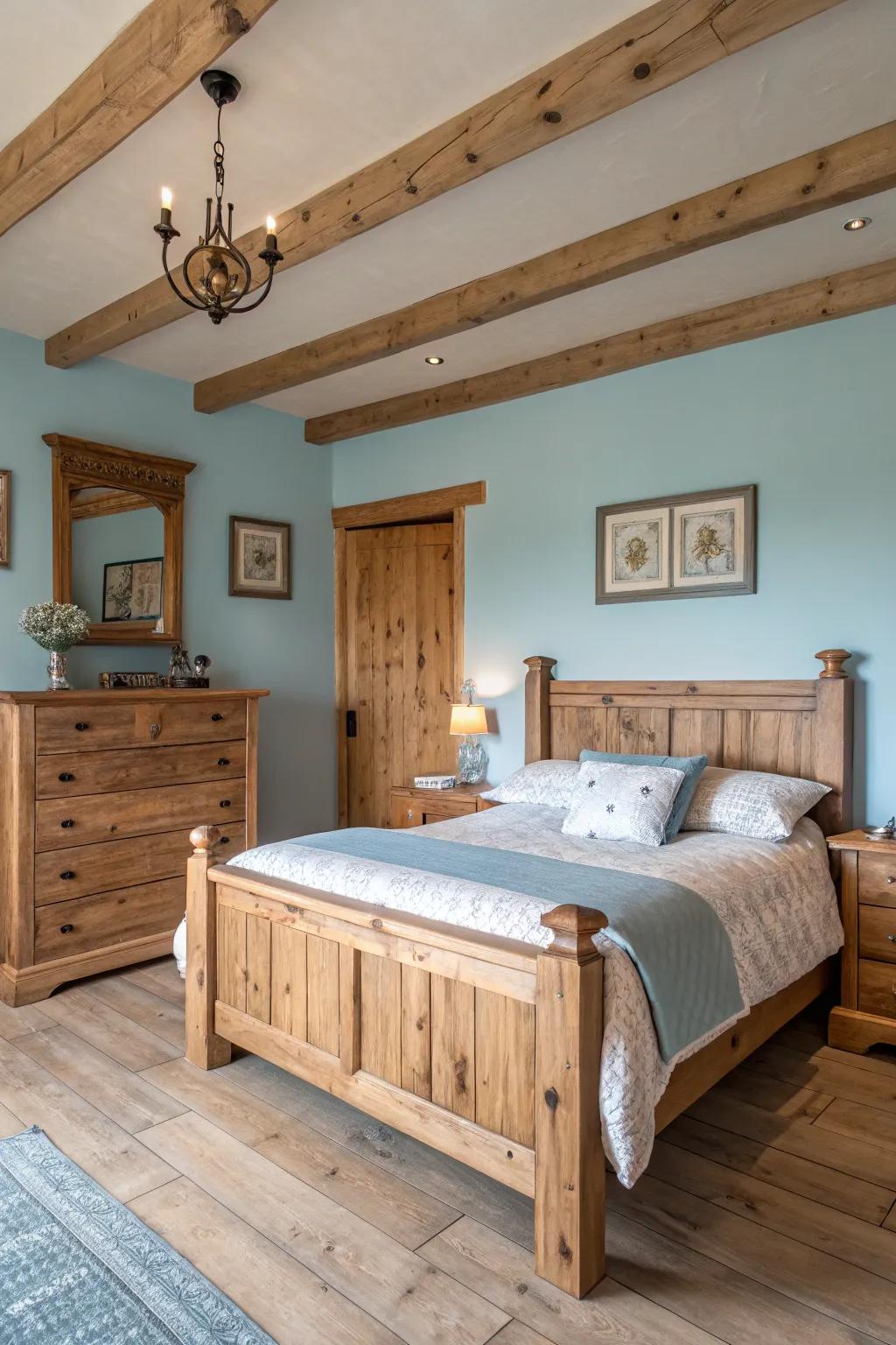 A rustic bedroom pairs wooden furniture with soothing light blue walls.