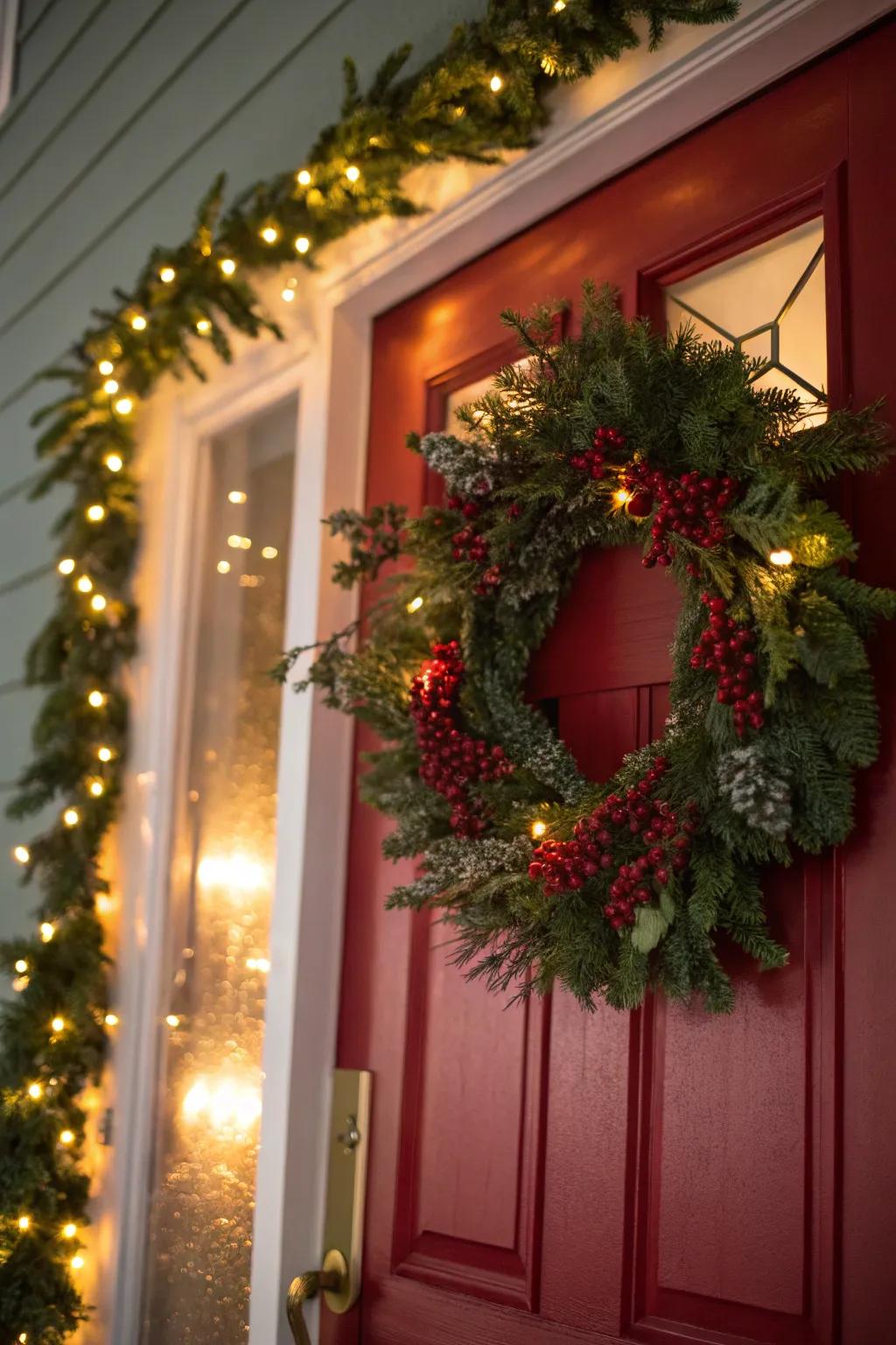 A festive wreath enhanced by twinkling lights.