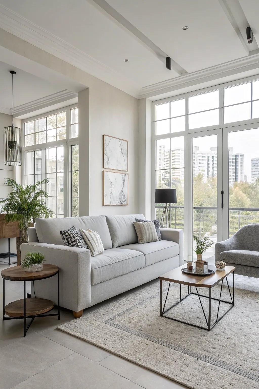 Modern simplicity emphasizing sharp outlines and a muted stone sofa.