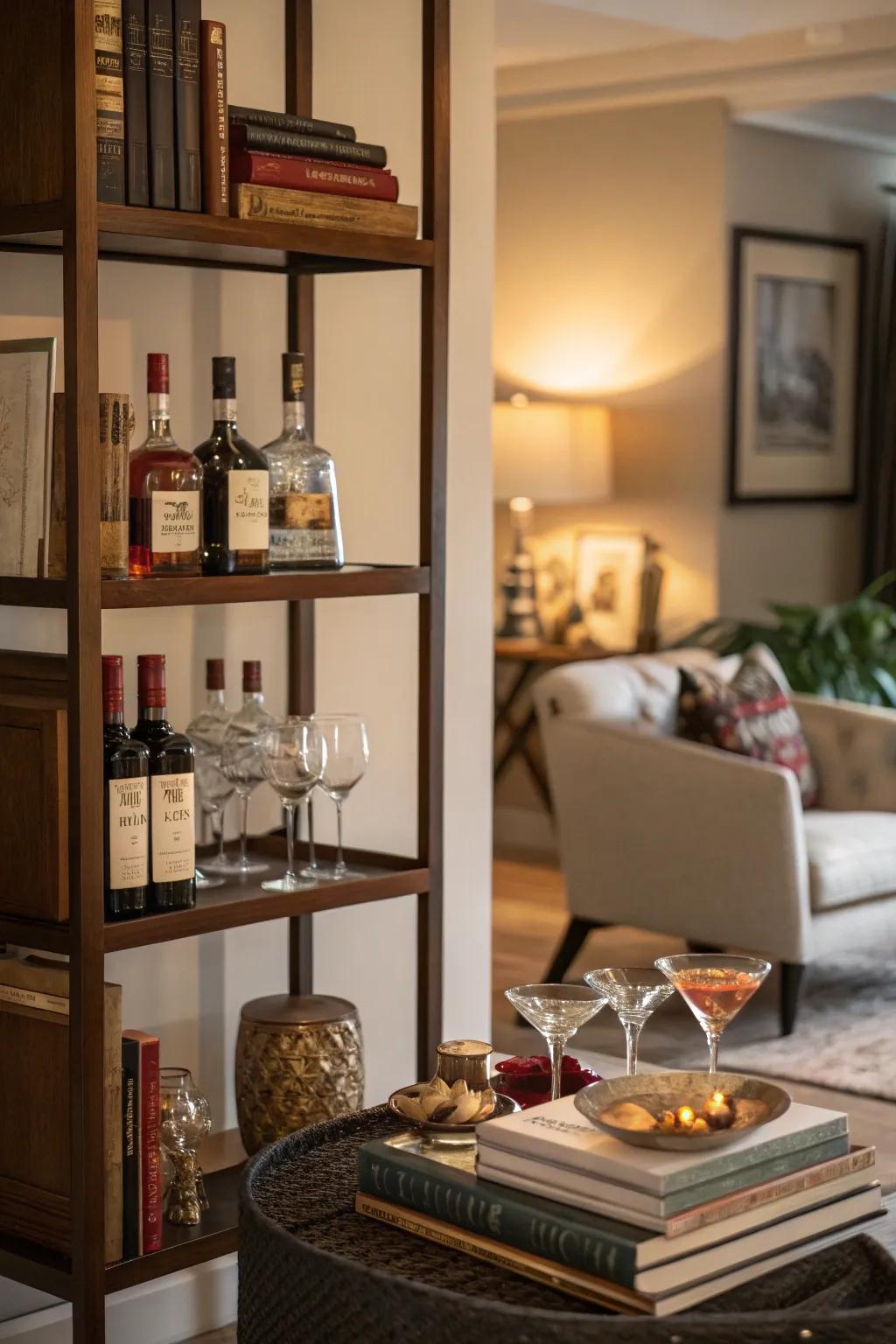 Sophisticated bar crafted from a bookshelf.