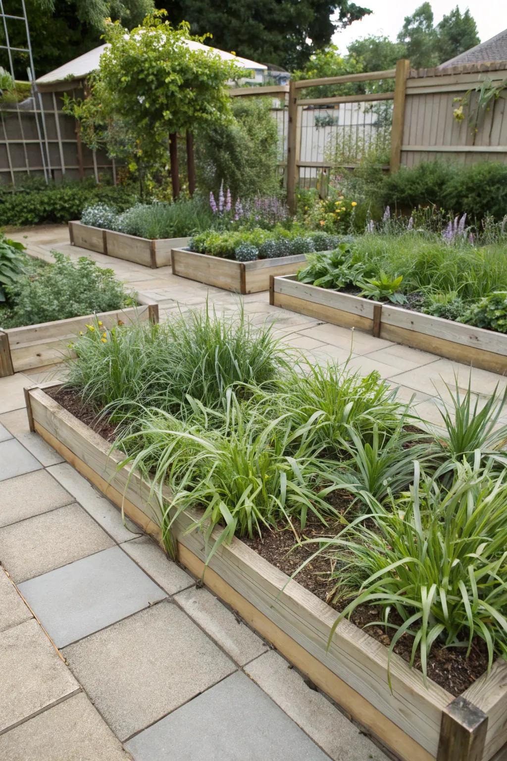 Raised garden beds with liriope, emphasizing vertical beauty.
