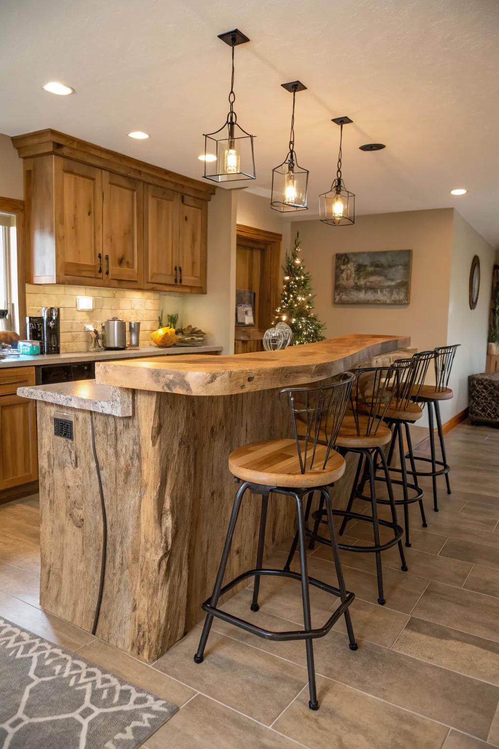 A live edge bar complemented by a mix of lumber and metallic sitting stools, enhancing its aesthetic.