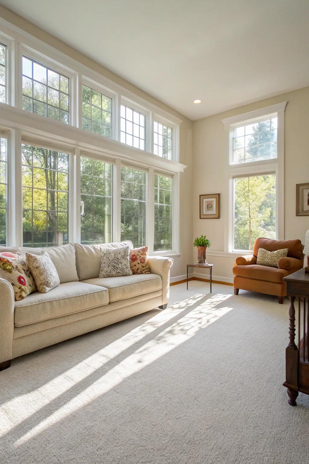Sunlight and light floor coverings create an airy and spacious ambiance.