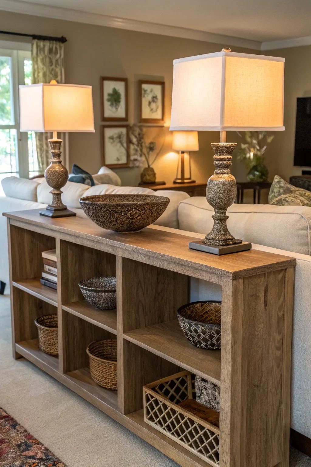 A useful surface feature utilizing modular storage, uniting utility with style.
