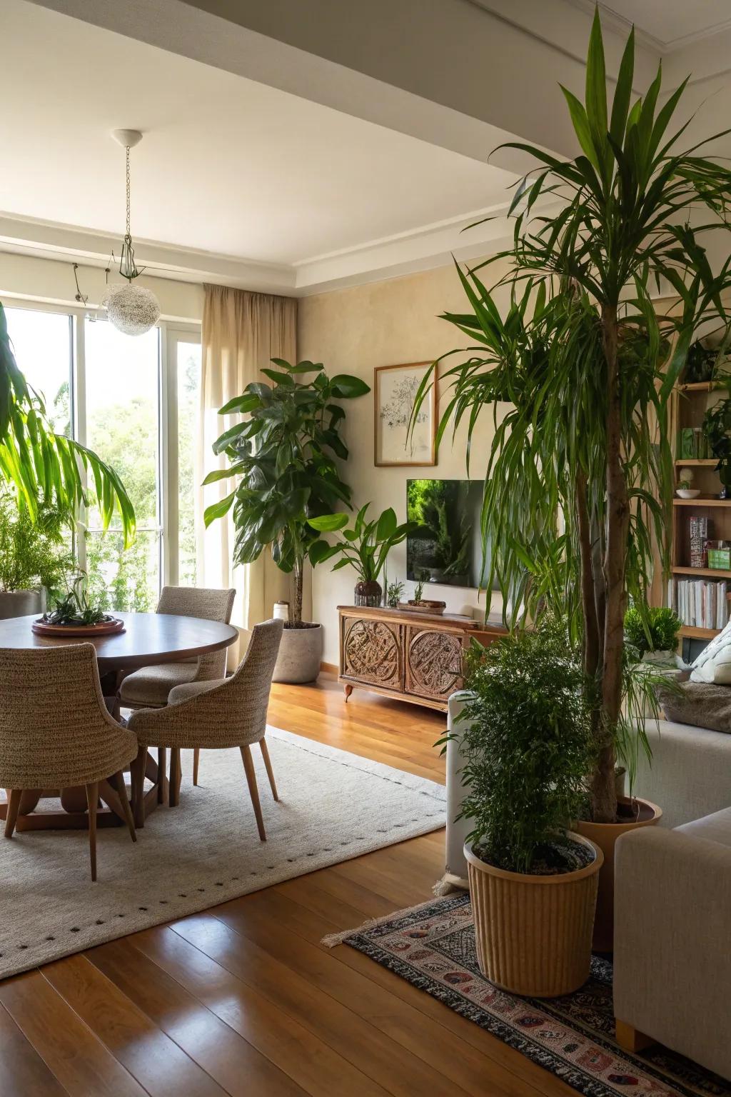 Vegetation invites the natural world inside, forming a soft division between zones.