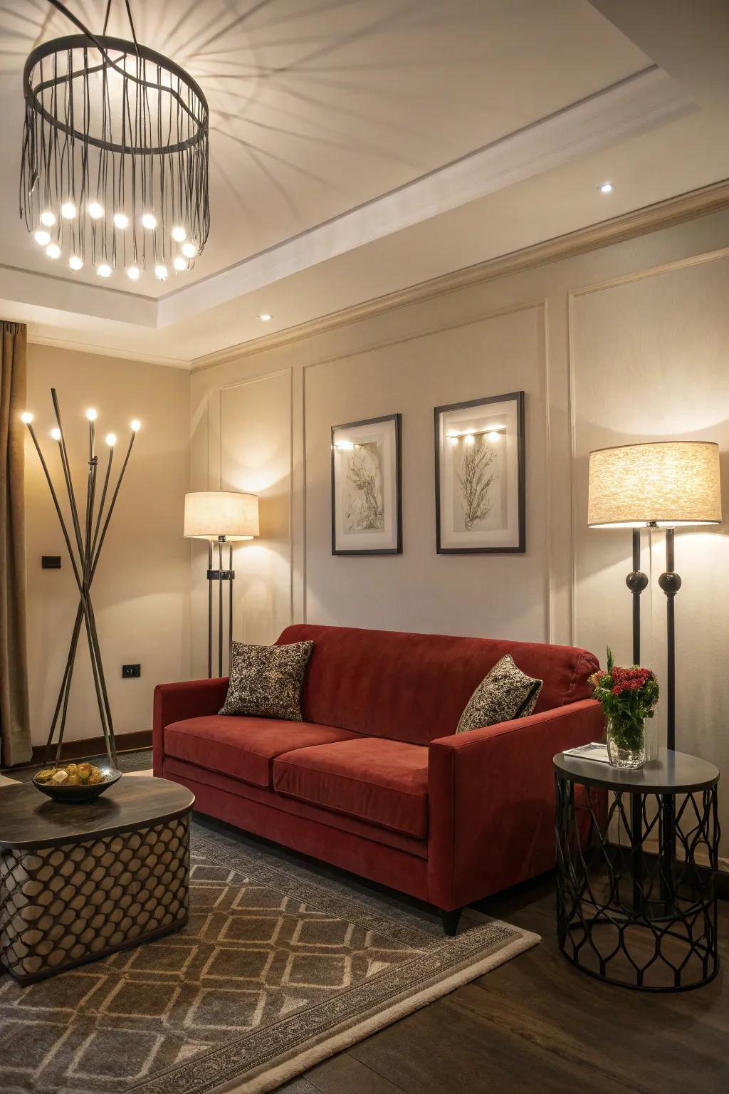 Well-placed lighting draws attention to a crimson sofa's vivid color and beauty.