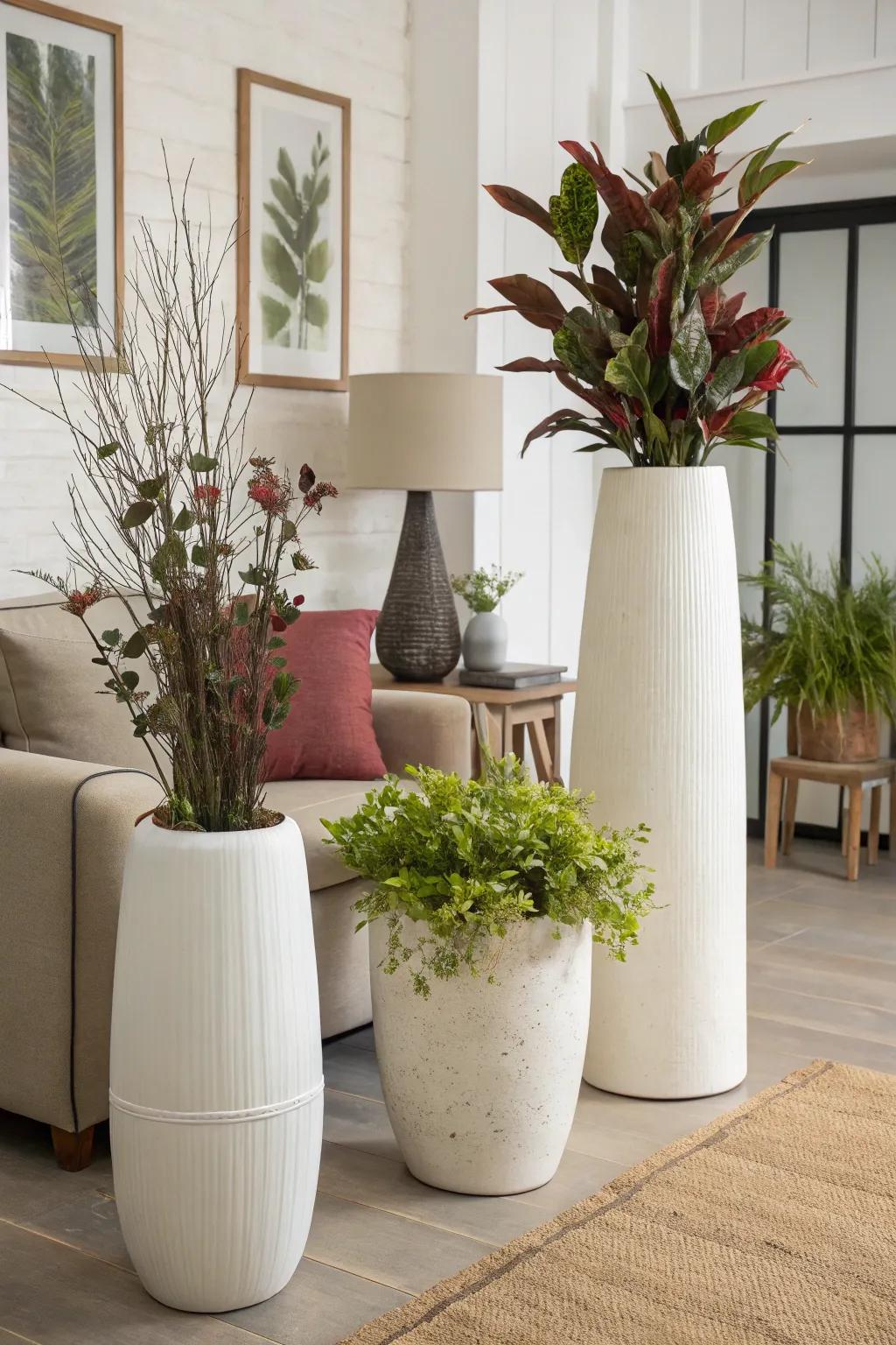 A collection of vases featuring differing heights introduces a dynamic visual attraction to a modern living area.