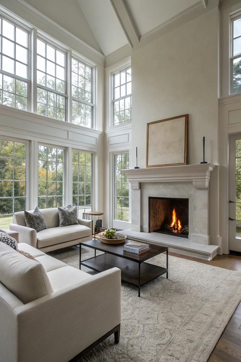 An open and elegant living room design featuring a fireplace.