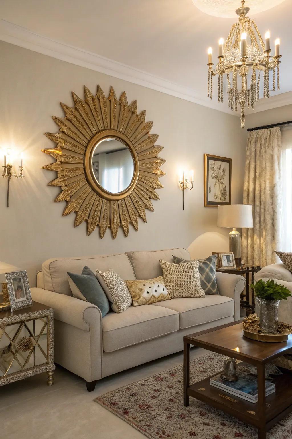 Infuse your living room with sunny positivity using a sunburst mirror.