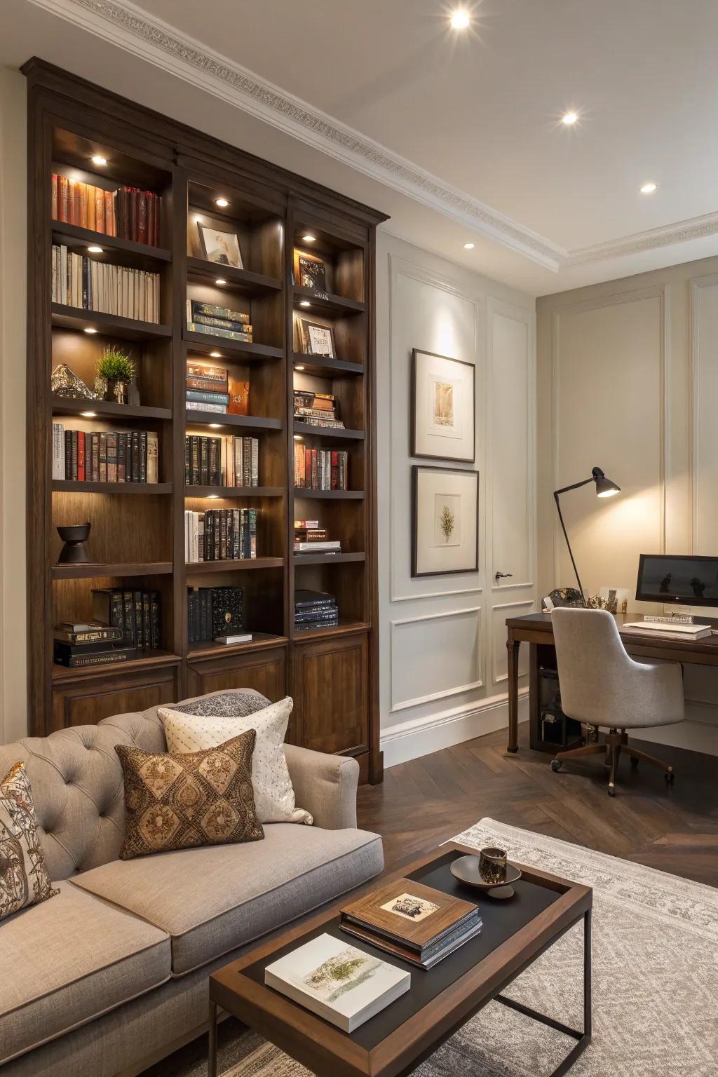 A bookshelf works as both storage and a wall.