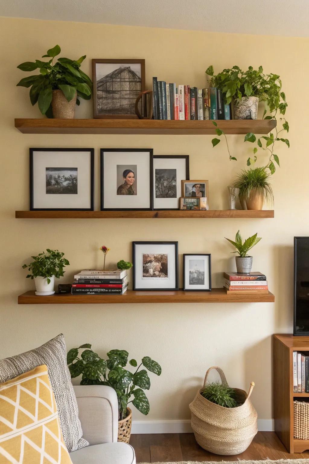 Accentuate your photograph arrangement with ledges and flora for a lively atmosphere.