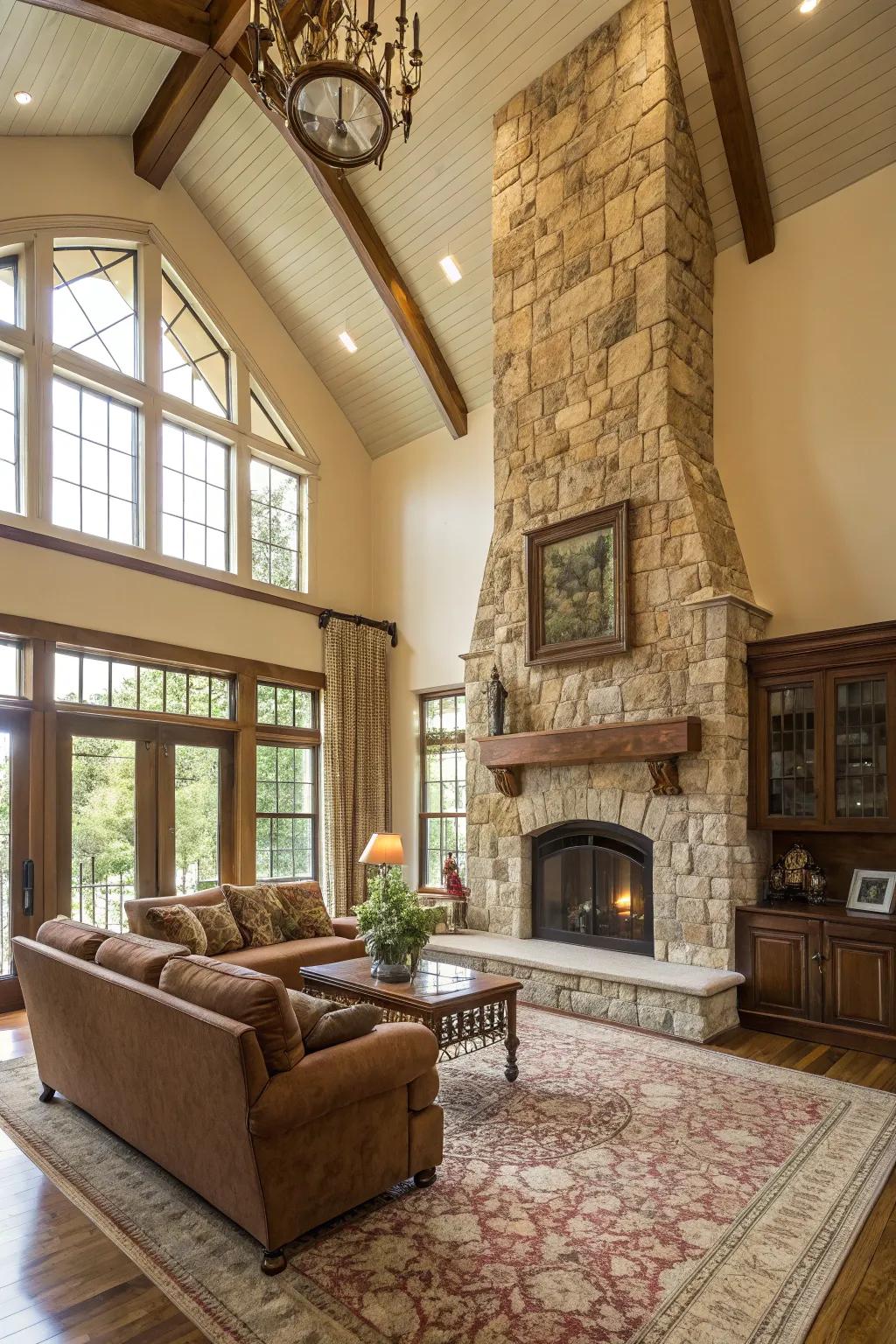 Soaring ceilings paired with a grandiose fireplace establish a majestic atmosphere.