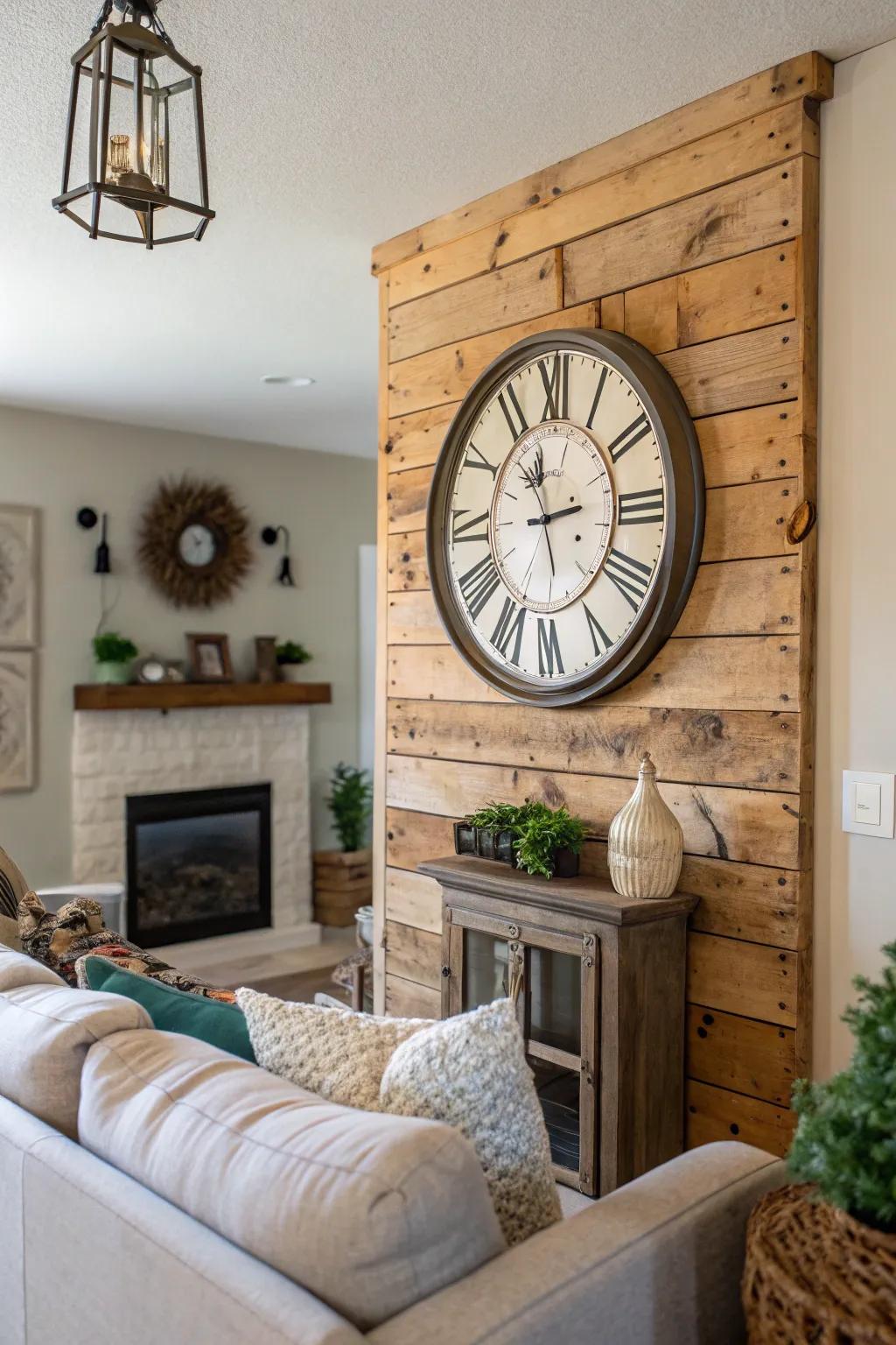 A country-style wall clock introduces warmth and charm to a farmhouse-style living room.