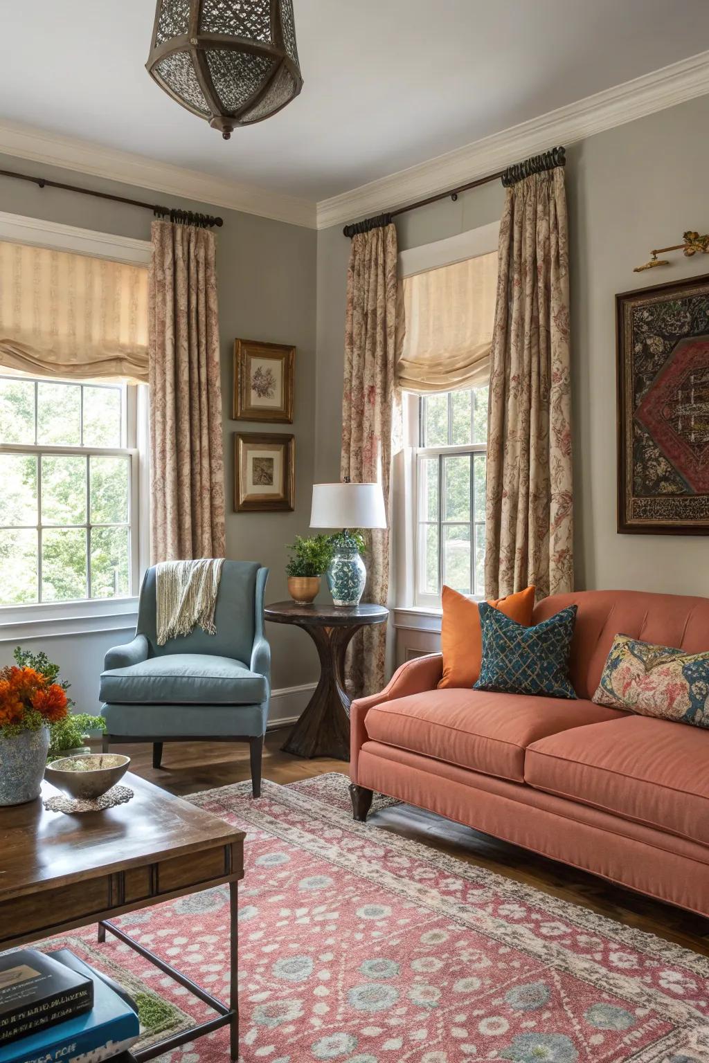 An assortment of window treatments gives the living area personality.