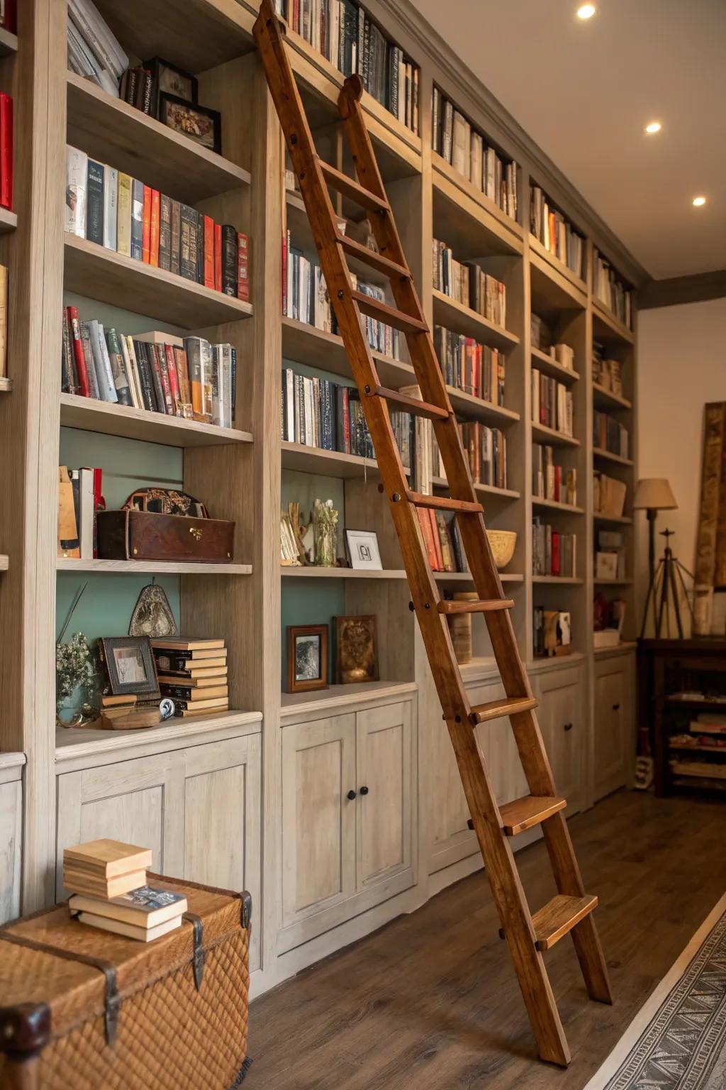 A rolling ladder adds both appeal and functionality to tall bookshelves.