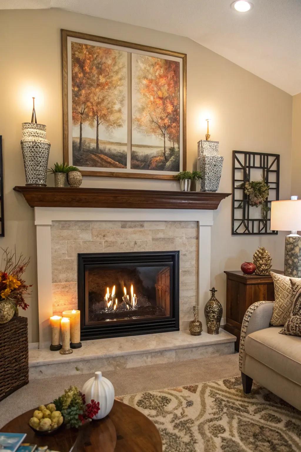 A living room fireplace enhanced with artwork and decorative elements.