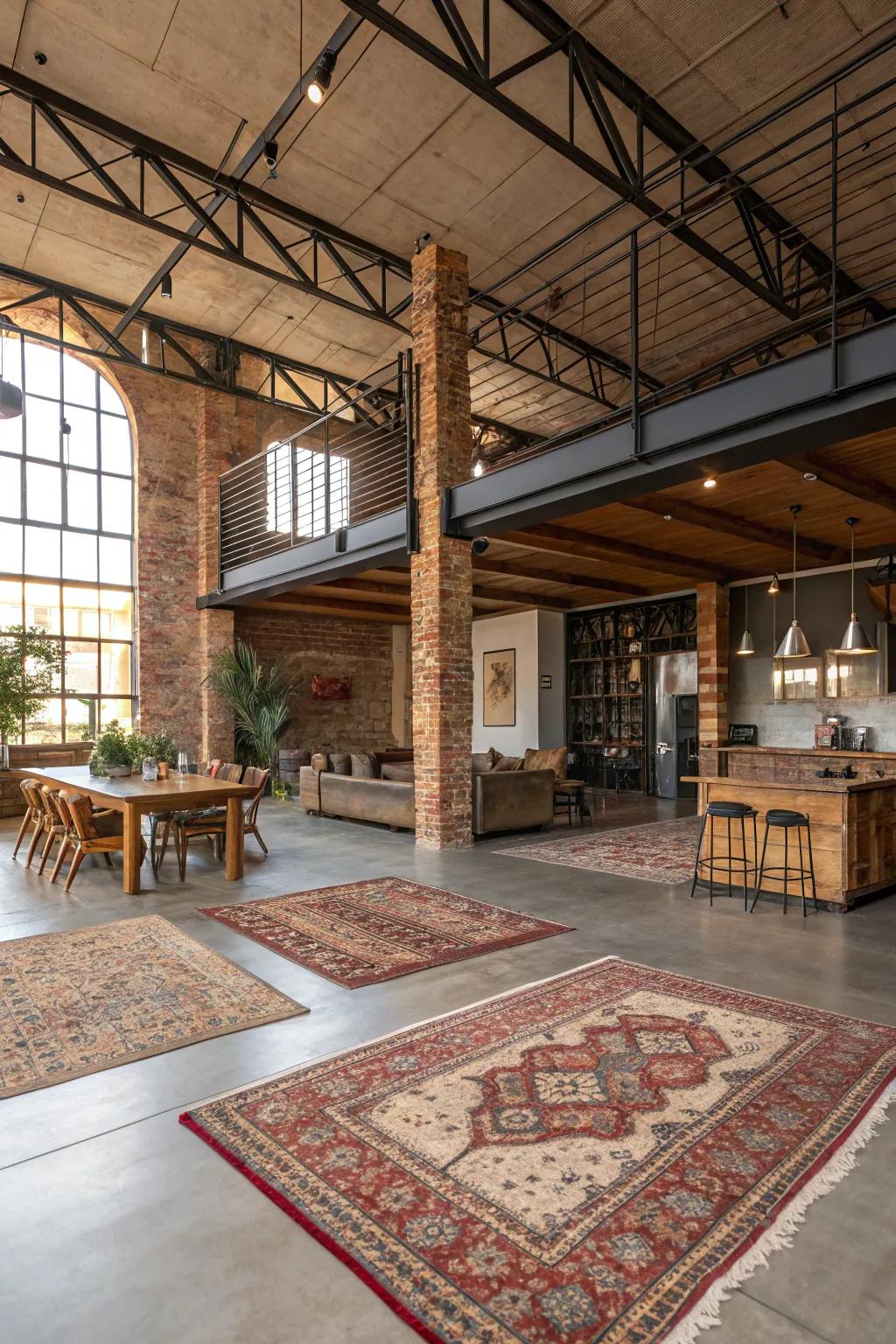 Rugs effectively creating zones within an open loft.