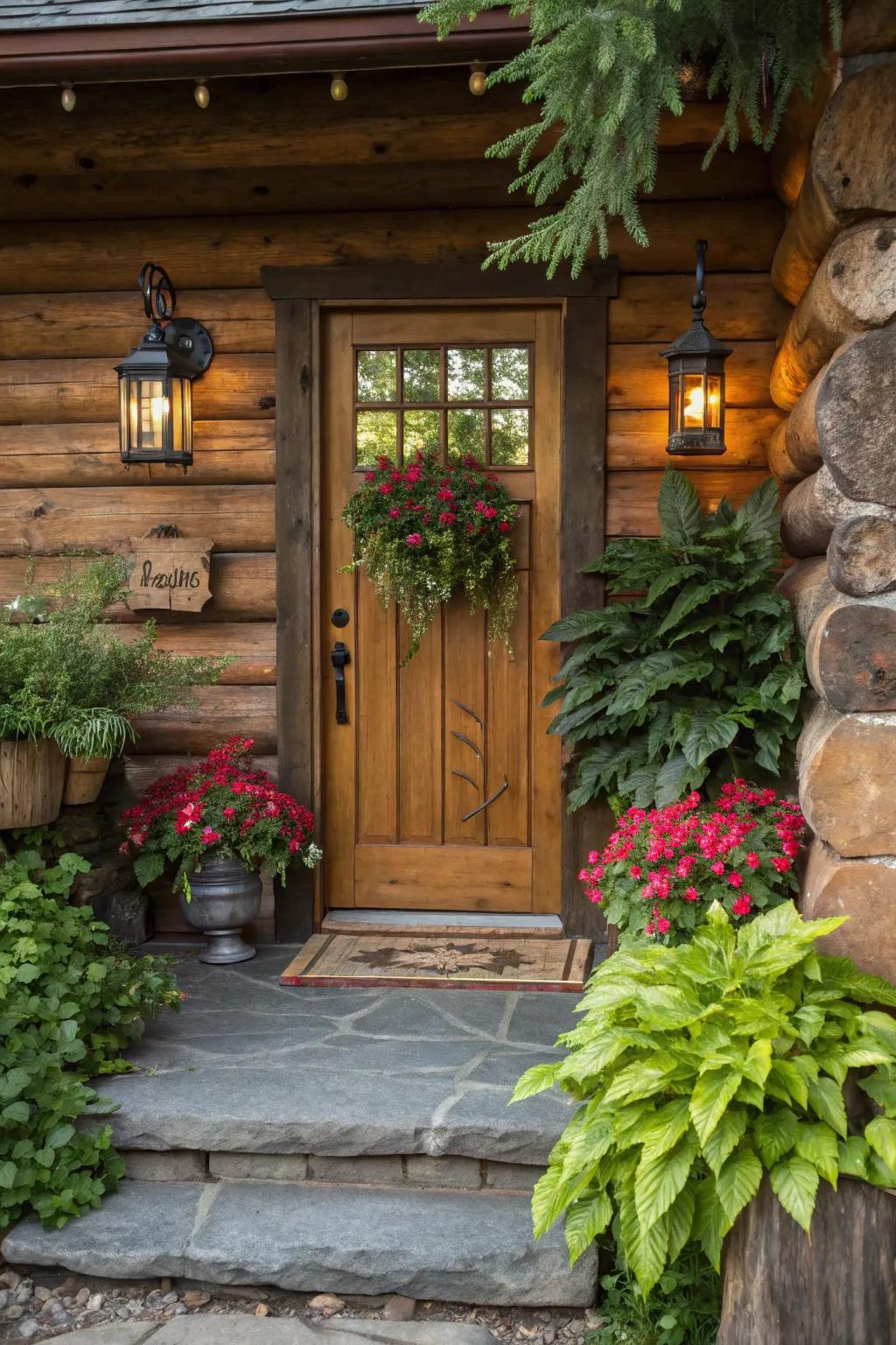 An inviting log cabin entrance featuring foliage and lights.