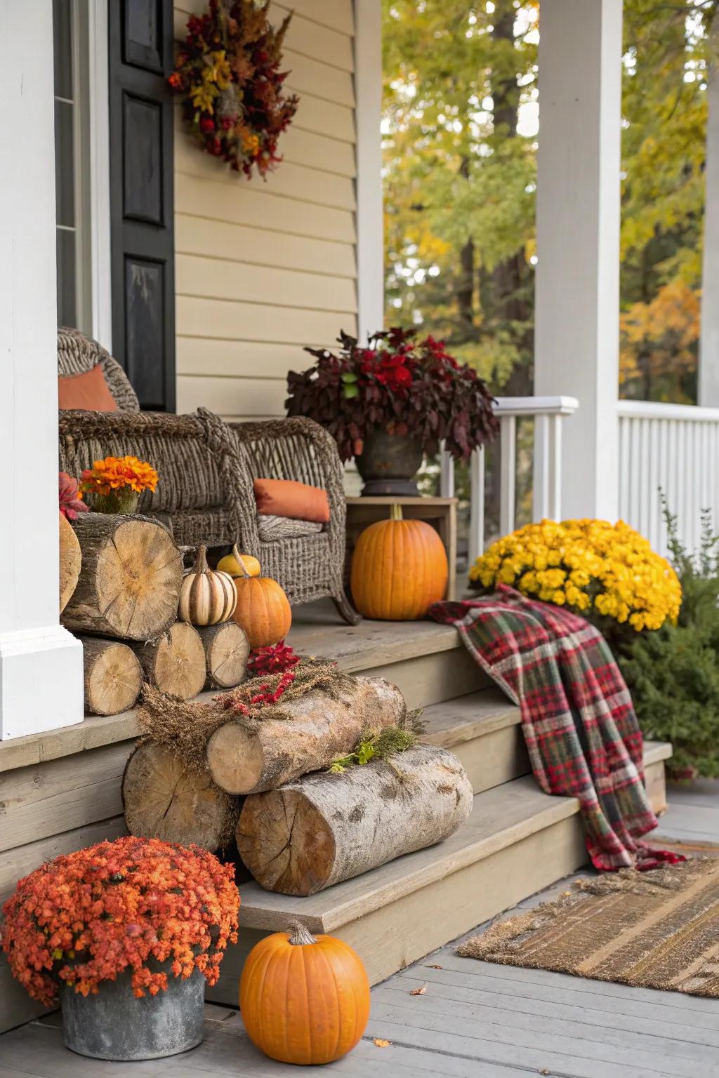 Logs utilized in a warm autumnal display.