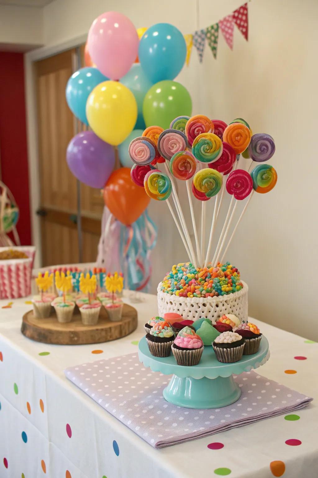 A festive candy pop posy on a mini cake stand
