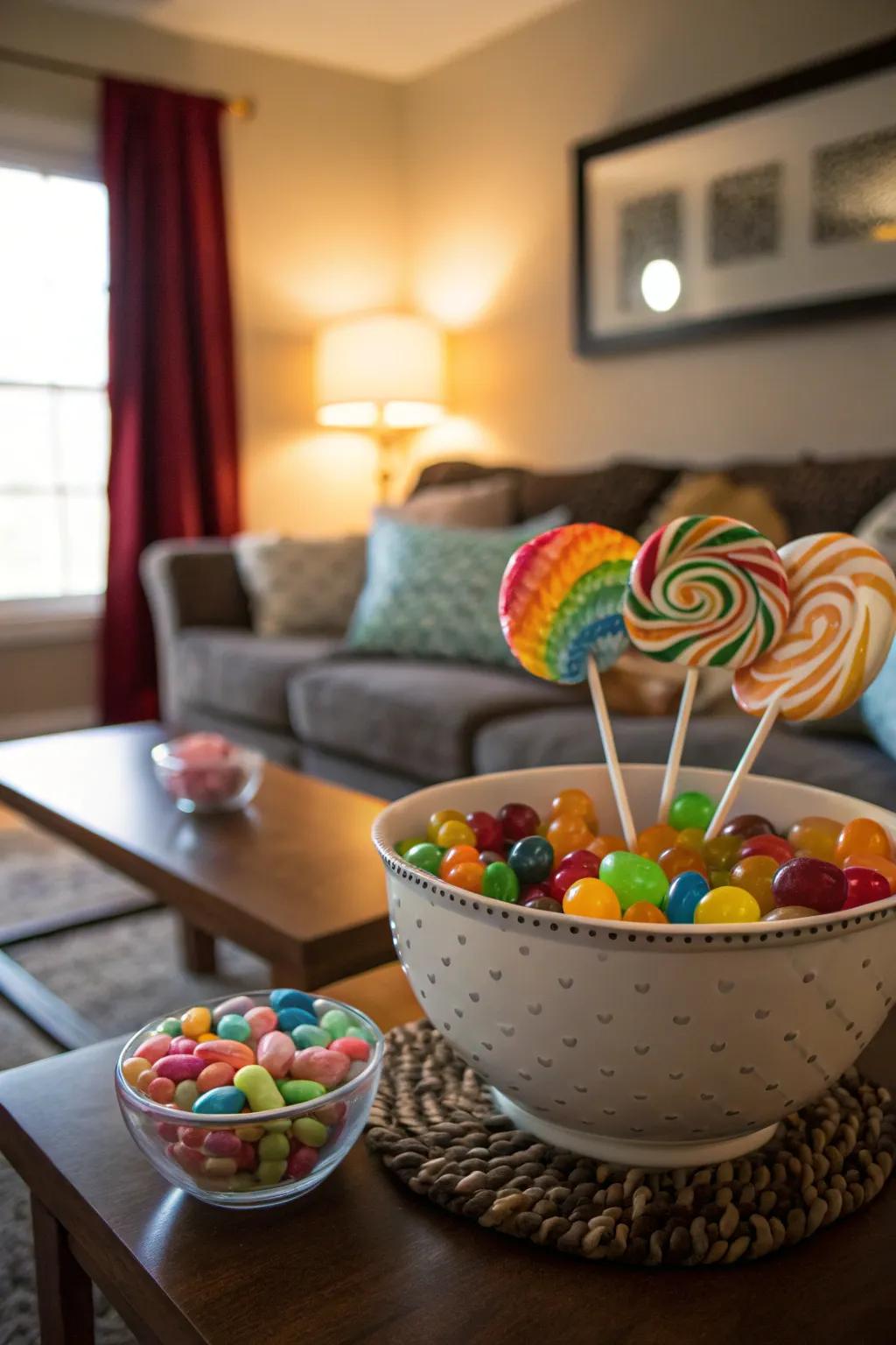 A delightful combination of candies and sugar pearls produces a vibrant display.