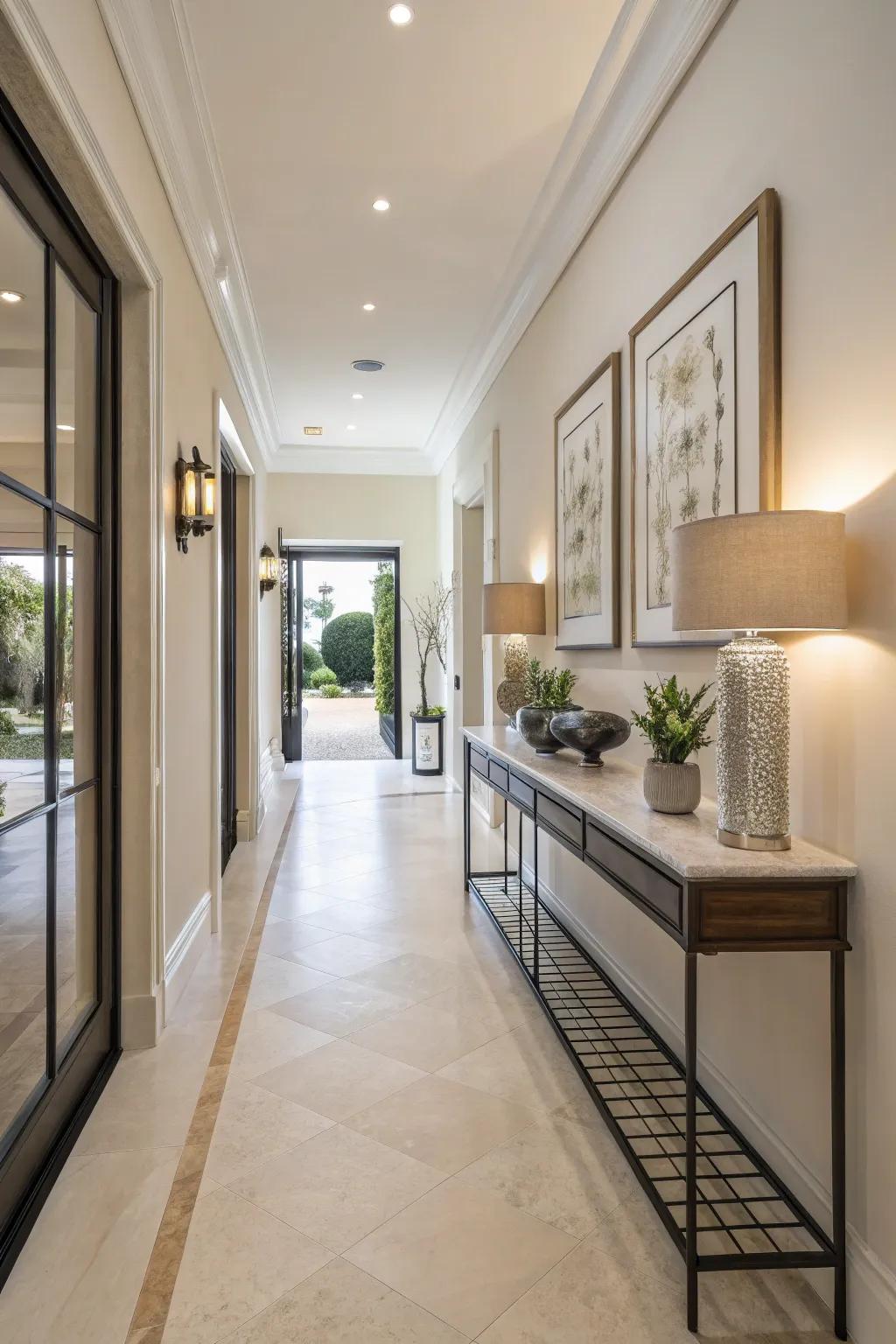 A sleek console table combines functionality and style in this long entryway.