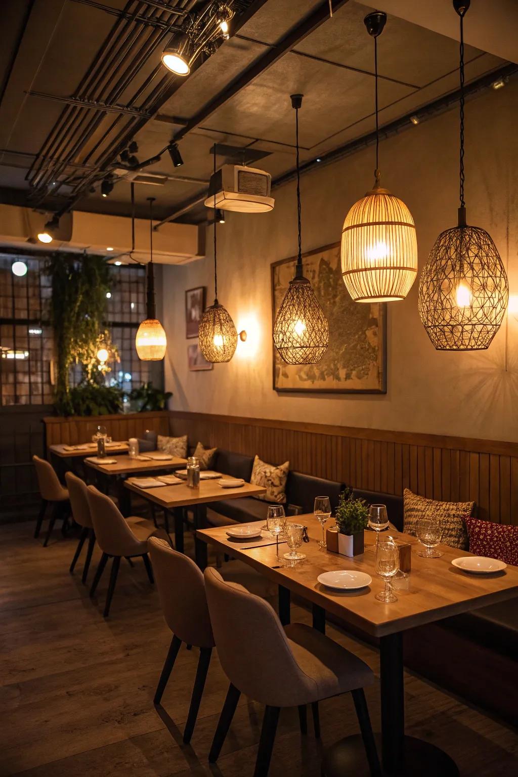 Warm illumination cultivates an intimate dining setting.