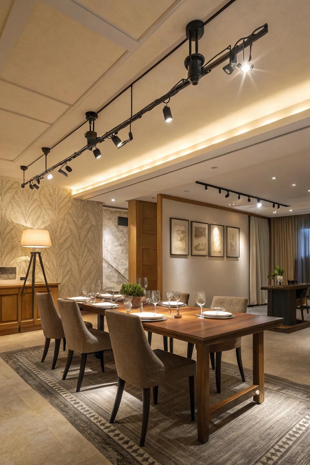 A versatile track lighting system in a dining area.