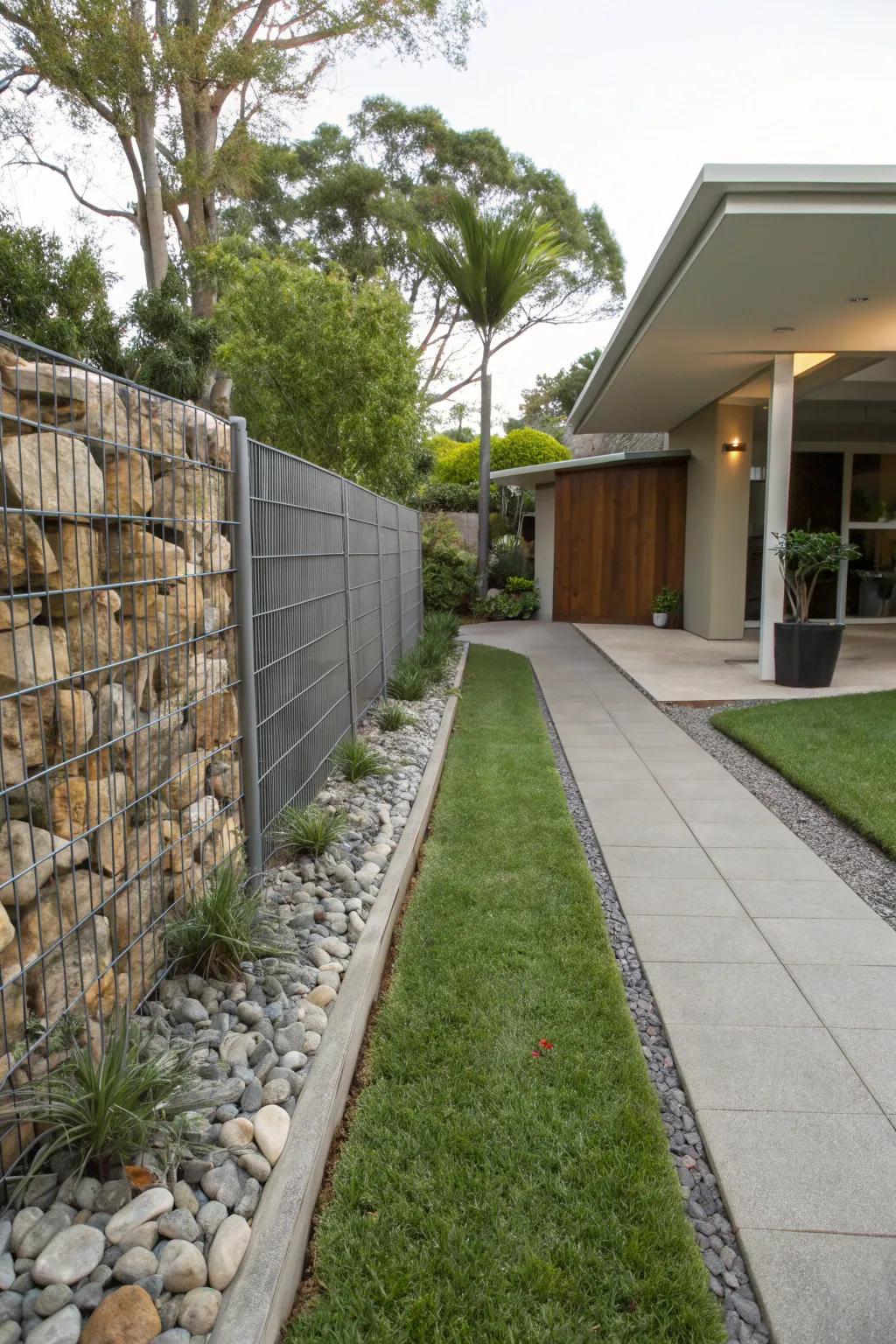 A gabion structure introduces a countryside yet modern feature to this front yard.