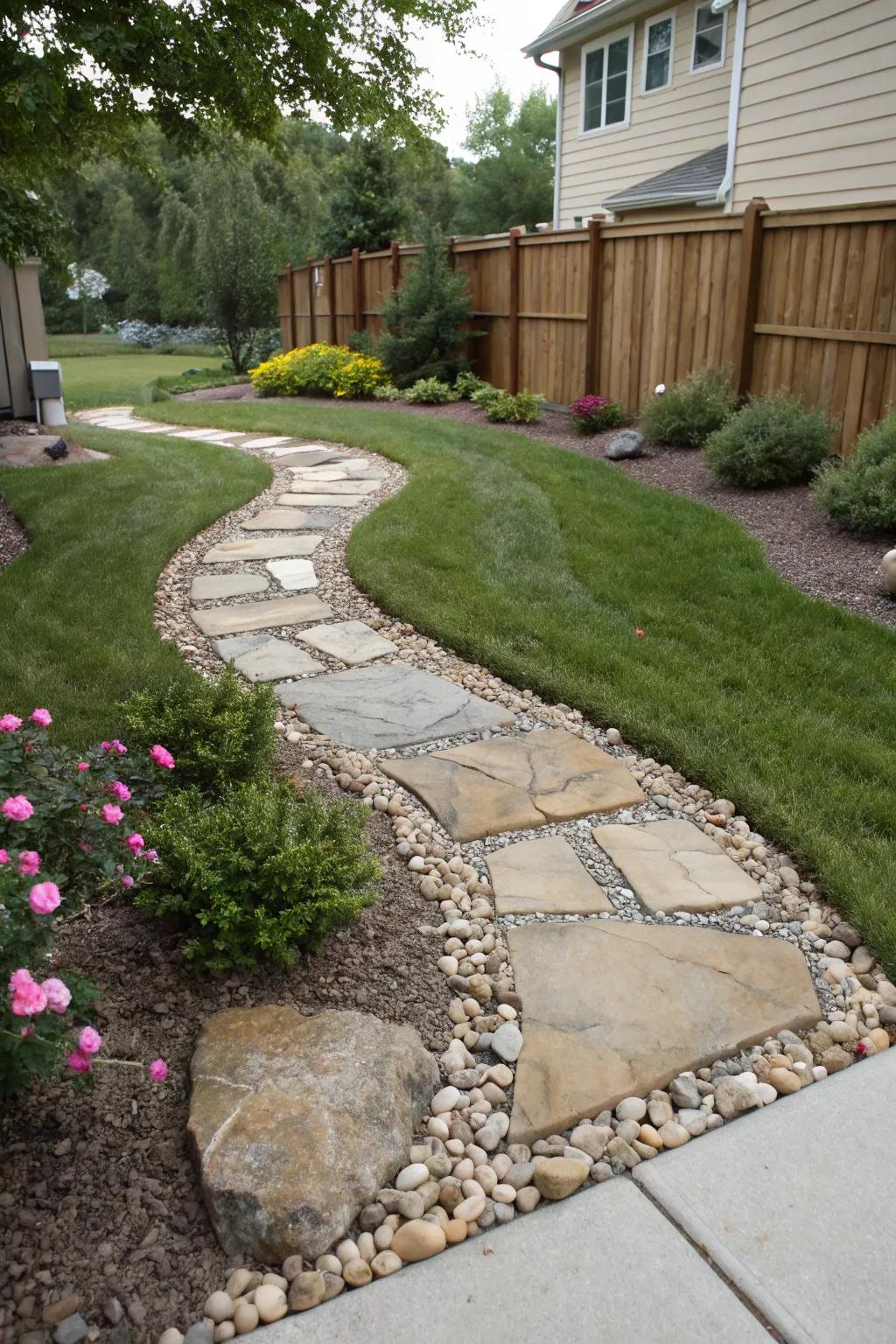 A front yard employing paving stones and pebble elements, effectively reducing lawn maintenance.