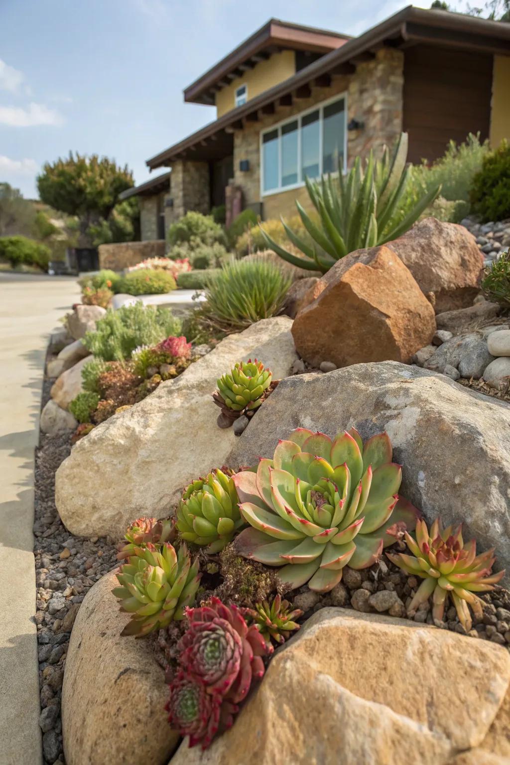 Succulents arranged among rocks for effortless upkeep and beauty.