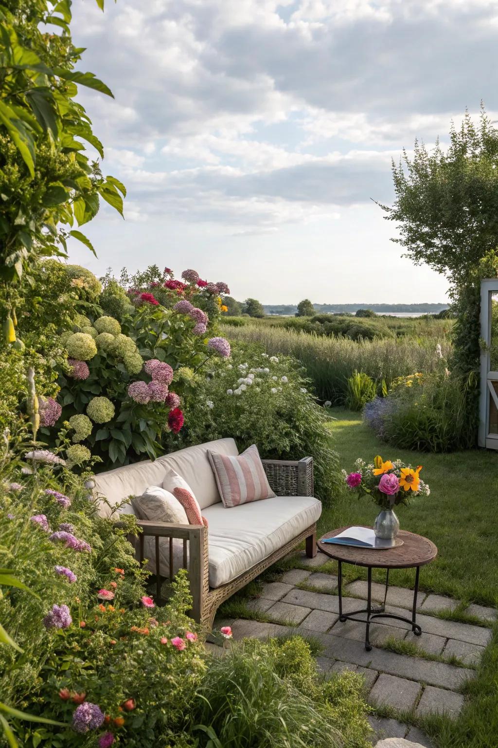 A serene lounging spot surrounded by lush perennials.