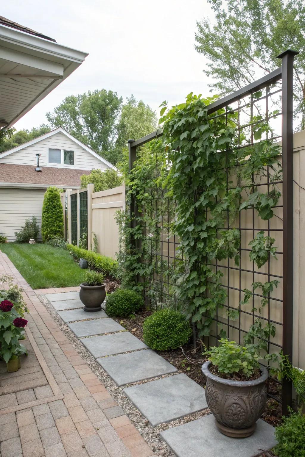 A privacy screen provides privacy and supports climbing plants.