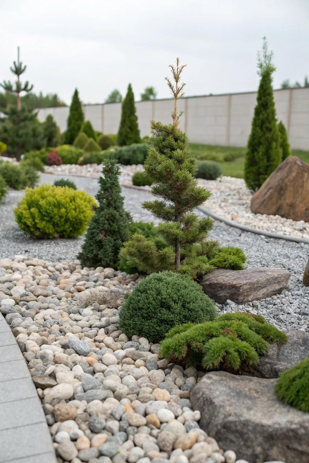 Small cone-shaped trees bring green beauty to a rock garden.