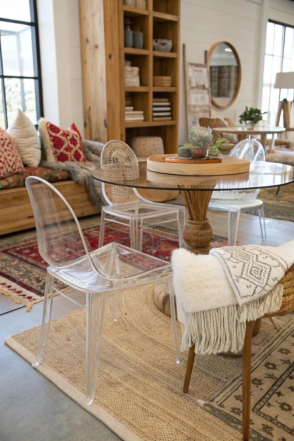 Combining textures with clear acrylic for a balanced decor.