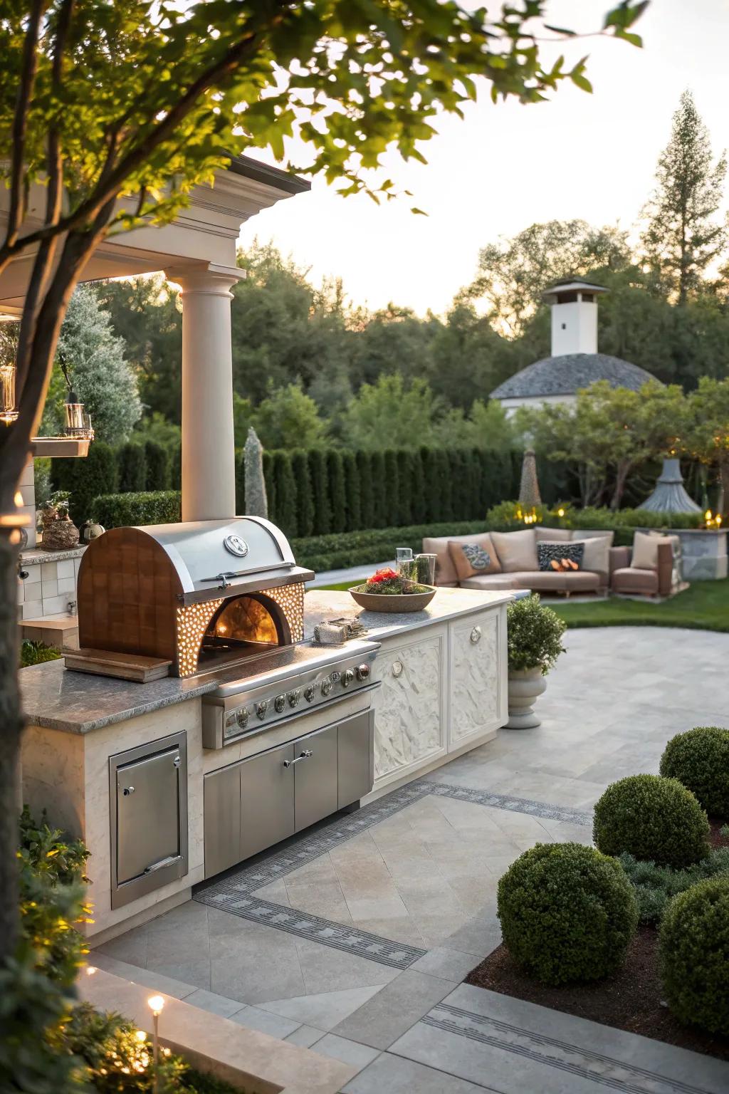 A gourmet outdoor cooking area complete with a barbeque and stone oven.