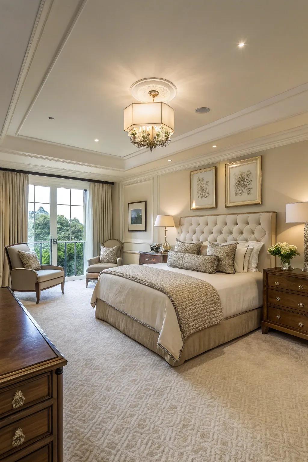 A deluxe bedroom with an expansive design that improves functionality and comfort.