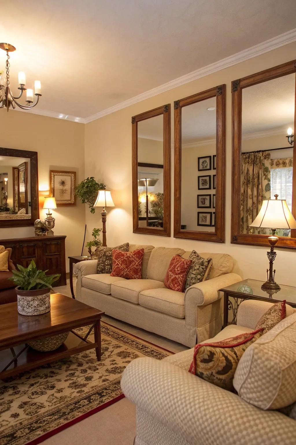 Mirrors enhance light and improve the spacious feel of this glam living room.