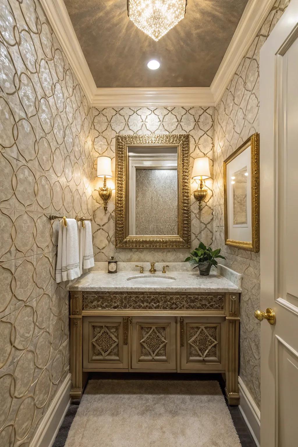 Patterned walls bring depth and curiosity to this washroom.